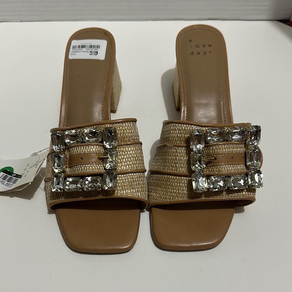 A New Day Women's Brown Mules with Rhinestone Buckle Size 10